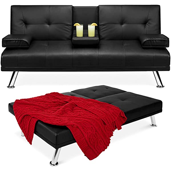 Best Choice Products Faux Leather Upholstered Modern Convertible Folding Futon Sofa Bed for Compact Living Space, Apartment, Dorm, Bonus Room w/Removable Armrests, Metal Legs, 2 Cupholders - Black