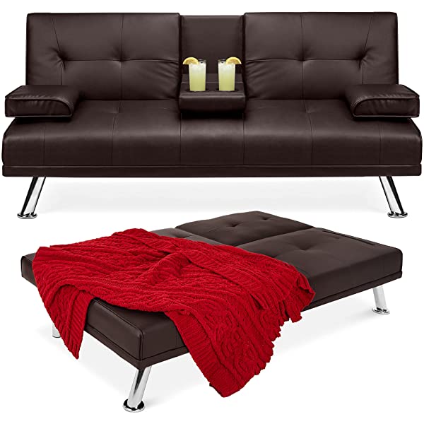 Best Choice Products Faux Leather Upholstered Modern Convertible Folding Futon Sofa Bed for Compact Living Space, Apartment, Dorm, Bonus Room w/Removable Armrests, Metal Legs, 2 Cupholders - Black