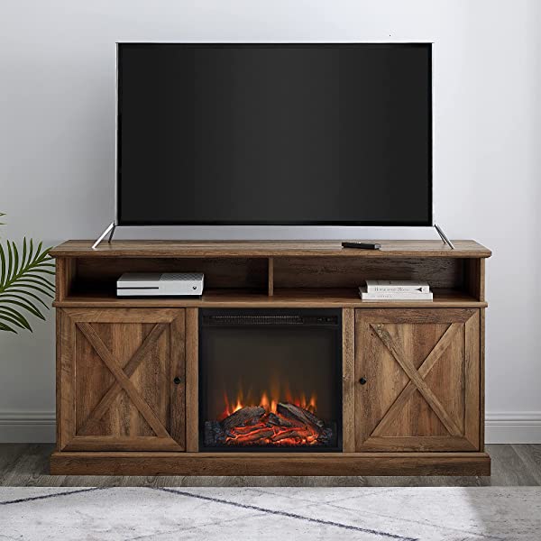 Walker Edison Richmond modern farmhouse sliding barn door TV stand for up to 52 inches, white and rustic oak white without fireplace 52 inches TV