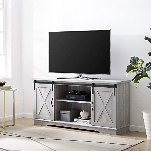 Walker Edison Richmond modern farmhouse sliding barn door TV stand for up to 52 inches, white and rustic oak white without fireplace 52 inches TV