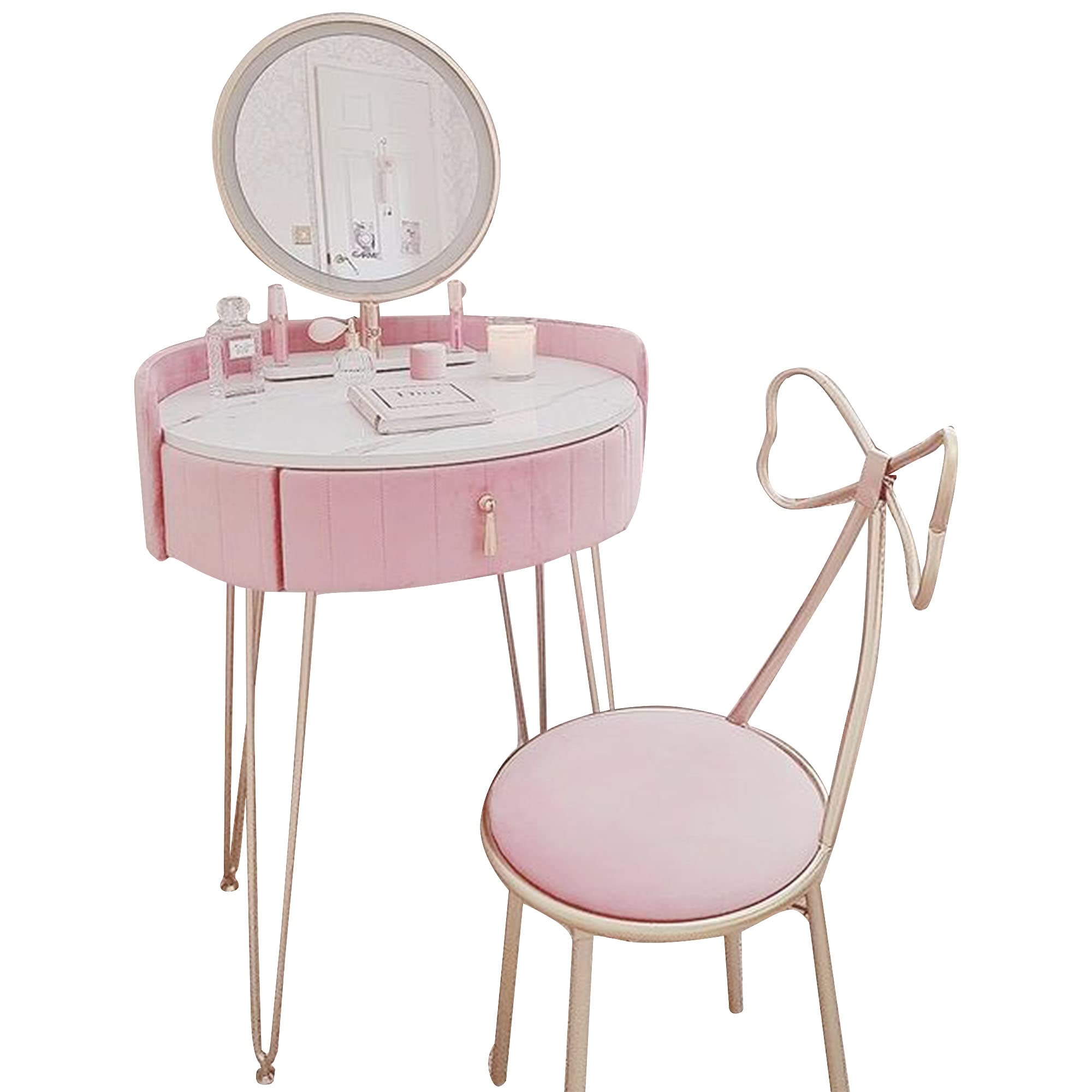 【Furniture】Velvet Dressing Table with LED Mirror in Pink