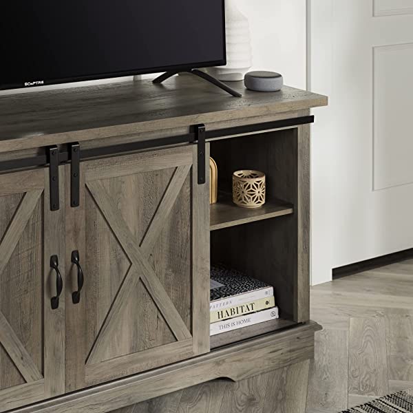 Walker Edison Richmond modern farmhouse sliding barn door TV stand for up to 52 inches, white and rustic oak white without fireplace 52 inches TV