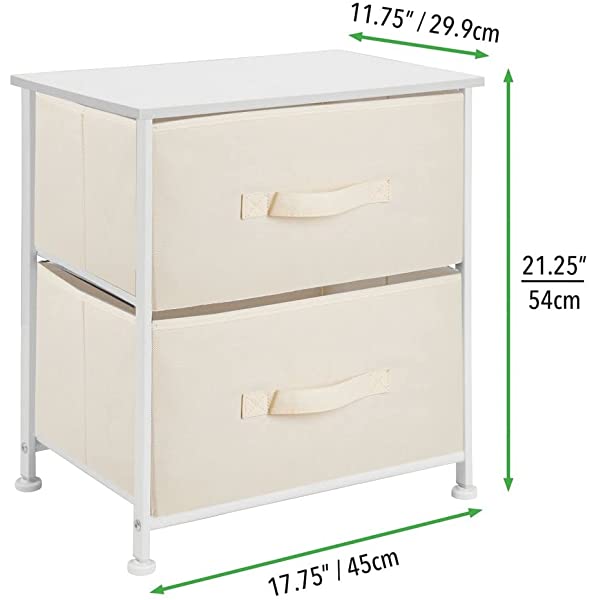 mDesign Storage Dresser End/Side Table Night Stand Furniture Unit - Small Standing Organizer for Bedroom, Office, Living Room, and Closet - 2 Drawer Removable Fabric Bins - Gray/White Grey