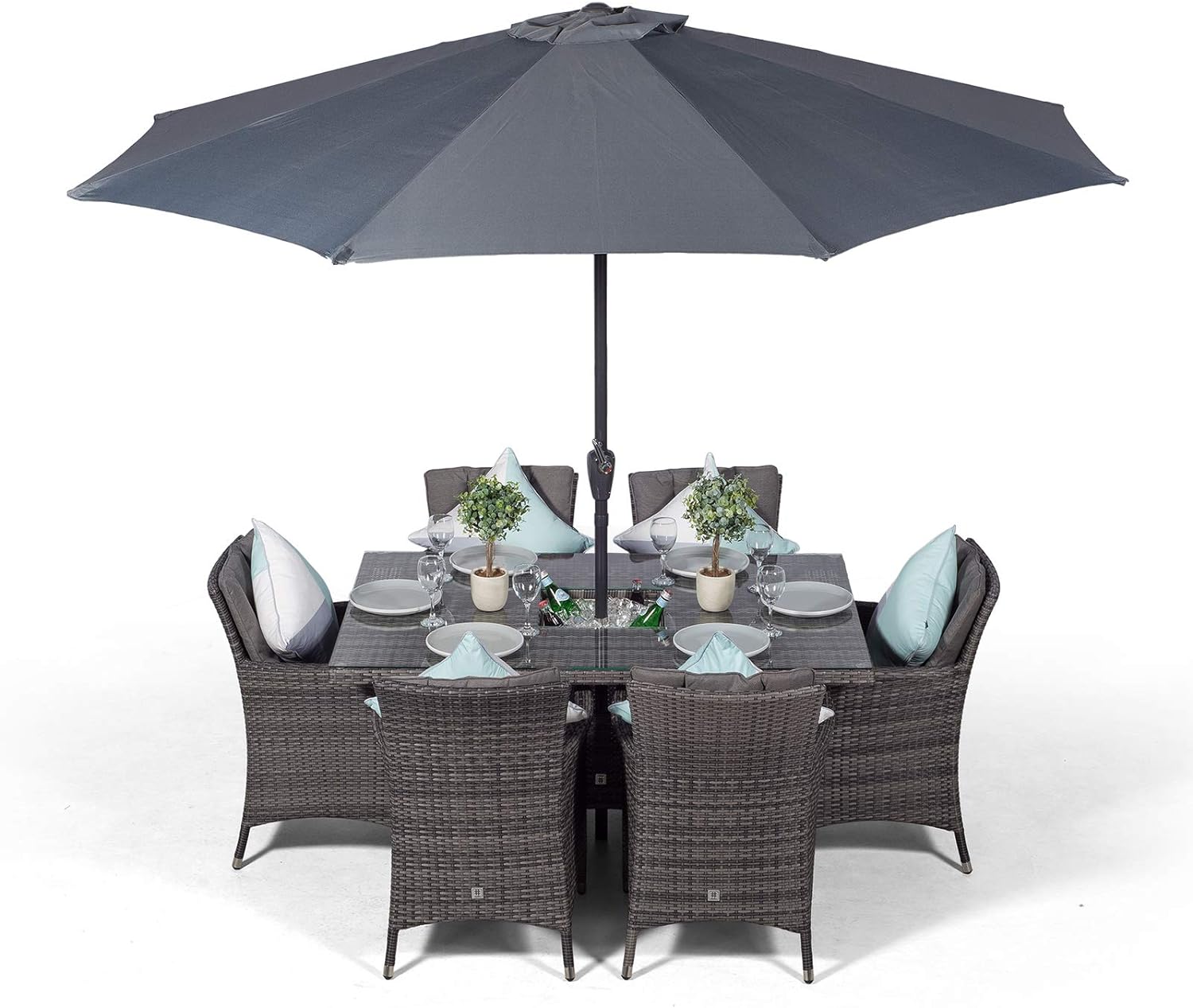 Savannah Rattan Dining Set | Rectangle 6 Seater Brown Rattan Table & Chairs Set with Ice Bucket Drinks Cooler | Outdoor Poly Rattan Garden Dining Furniture Set with Parasol & Cover