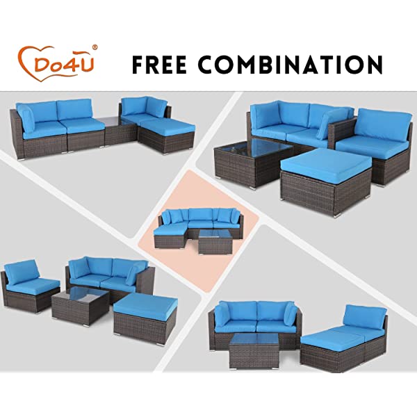 Do4U 5 Pieces Outdoor Patio Furniture Set PE Rattan Patio Set Porch Furniture Cushioned Patio Chairs Set Patio Conversation Set for Garden Balcony Porch Poolside Lawn (Blue)