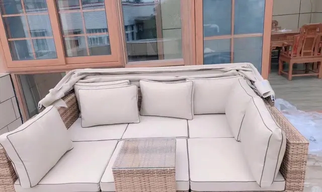 【Home&Garden】Outdoor rattan sofa courtyard open-air canopy shade waterproof bed coffee table rattan furnitur