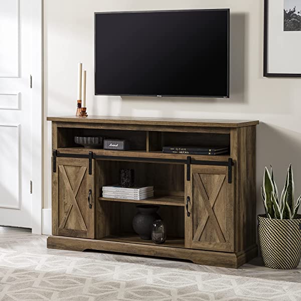 Walker Edison Richmond modern farmhouse sliding barn door TV stand for up to 52 inches, white and rustic oak white without fireplace 52 inches TV