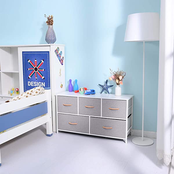 ROMOON Dresser Organizer with 5 Drawers, Fabric Storage Drawer Unit, Dresser Tower for Bedroom, Hallway, Entryway, Closets, Nursery - Wide Espresso