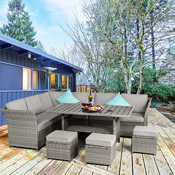 Aoxun 7 Pieces Outdoor Furniture Set, Sectional Sofa Conversation Set with Cushions and Pillows, All Weather Wicker Rattan Suitable for Deck or Yard(Brown) 7 Pieces - Brown