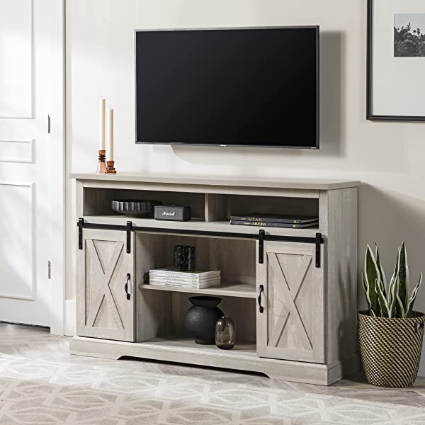 Walker Edison Richmond modern farmhouse sliding barn door TV stand for up to 52 inches, white and rustic oak white without fireplace 52 inches TV