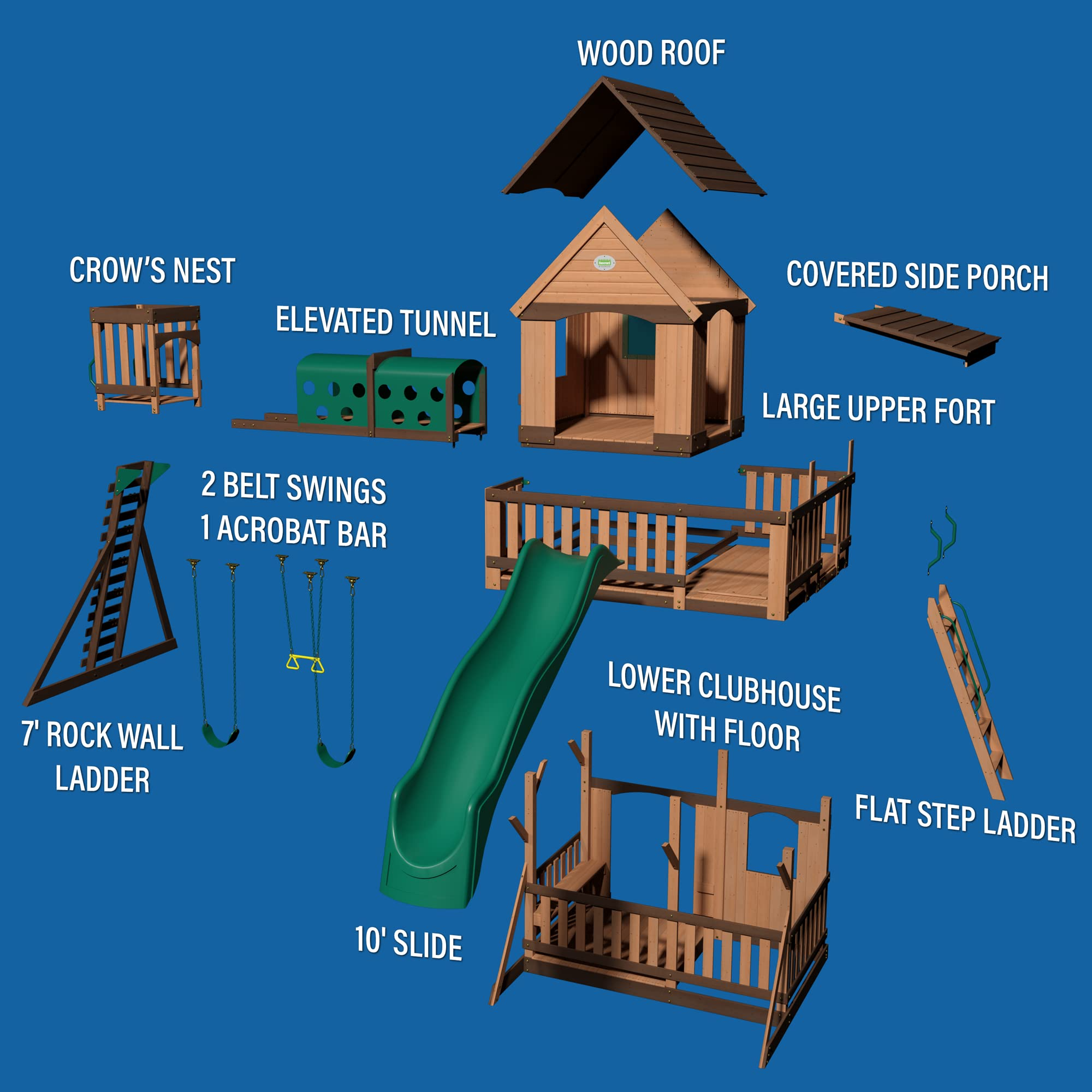 Woodridge Elite All Cedar Wood Swing Set, Upper and Lower Deck, Sandbox, Vented Tunnel