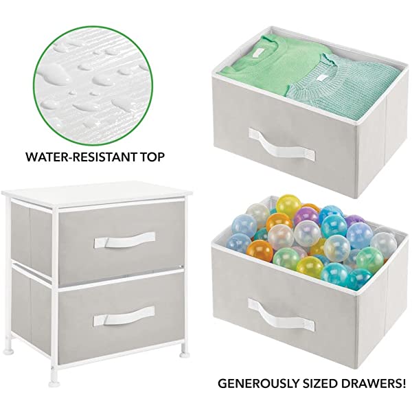 mDesign Storage Dresser End/Side Table Night Stand Furniture Unit - Small Standing Organizer for Bedroom, Office, Living Room, and Closet - 2 Drawer Removable Fabric Bins - Gray/White Grey