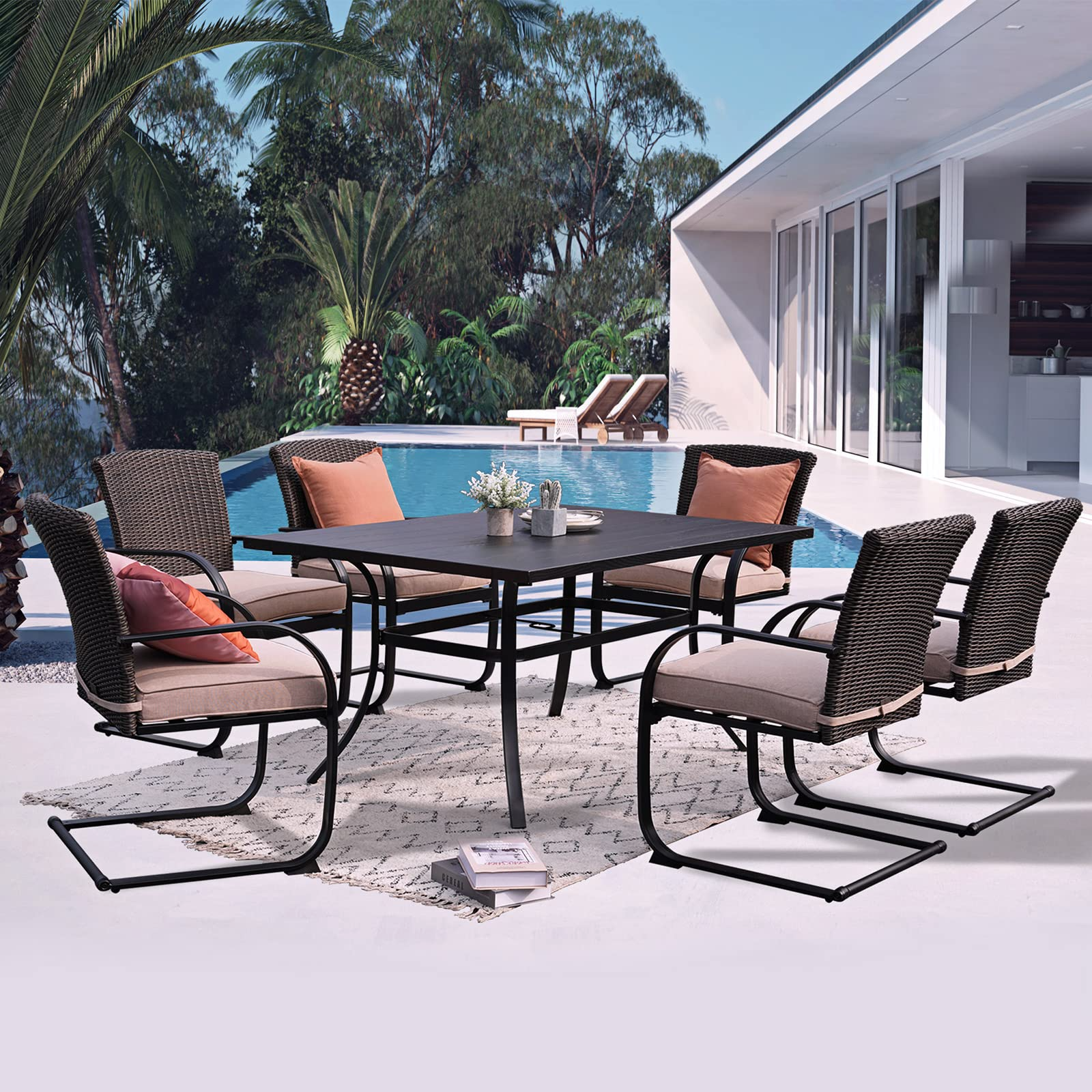 【Furniture】Outdoor 7 Pcs Dining Table Set, Modern Woodgrain-Look Metal Table & Wicker Chairs for 6