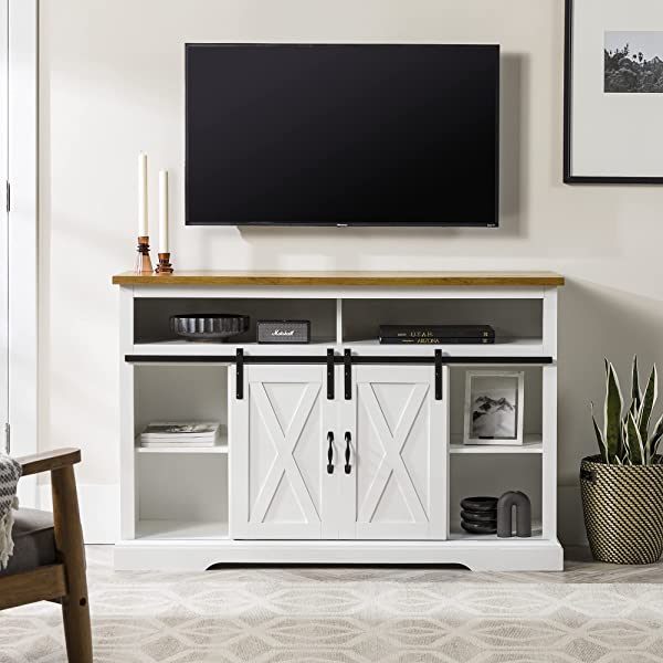 Walker Edison Richmond modern farmhouse sliding barn door TV stand for up to 52 inches, white and rustic oak white without fireplace 52 inches TV