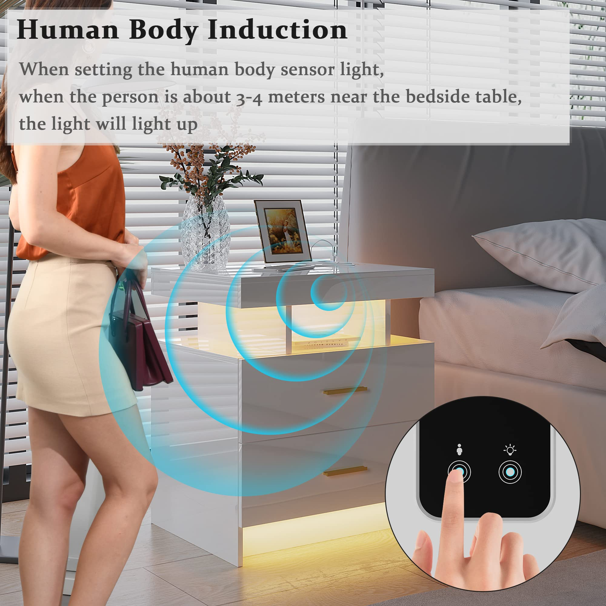 【Furniture】LED White Nightstand with 3 Colors Adjustable 2 USB Ports and Wireless Charging Station, High Gloss Nightstand with 2 Drawers