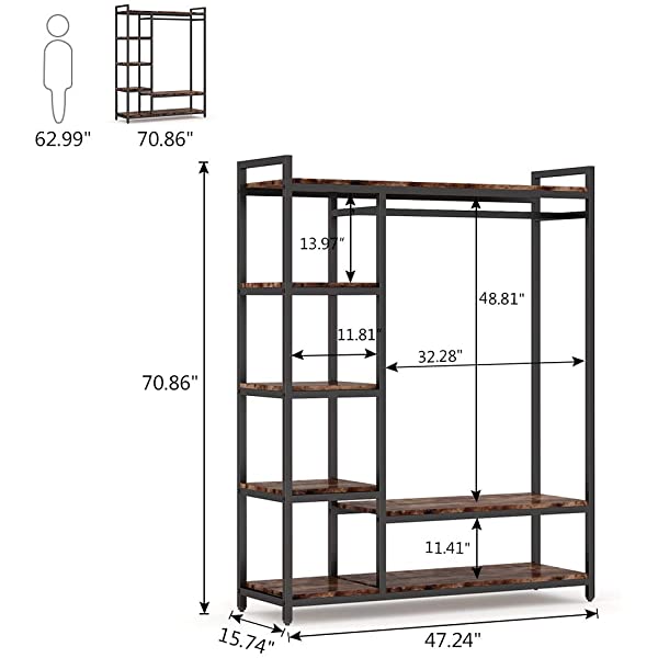 LITTLE TREE Free-Standing Closet Organizer, Heavy Duty Clothes Closet, Portable Garment Rack with 6 Shelves and Hanging Rod, Black Metal Frame&Rustic Board Finish Vingte &Black
