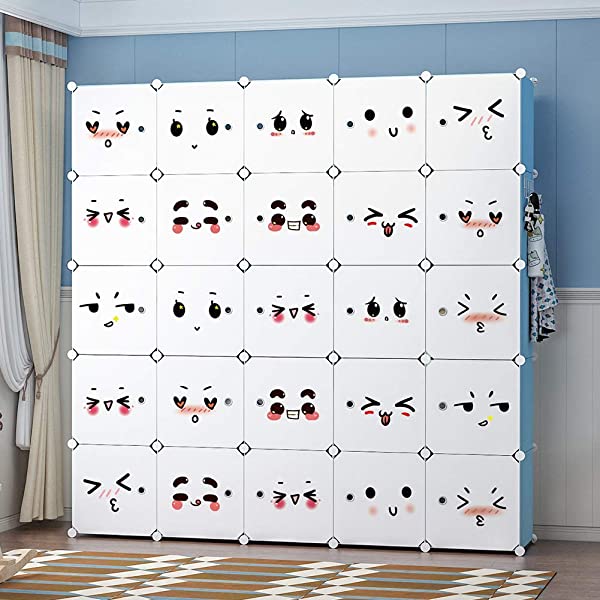 YOZO Cube Storage Organzier Portable Closet Wardrobe Bedroom Dresser (71x14x71 inches) Portable Closet Cube Shelf Armoire Pantry Cabinet, 25 Cubes, Blue 25Cubes Blue