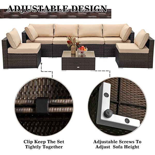 LayinSun 7 Piece Patio Furniture Sets, Outdoor Sectional Patio Conversation Set Wicker Rattan Sofa Chair Set with Cushion and Glass Table Beige