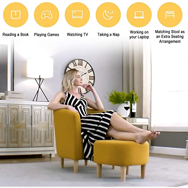 DAZONE Modern Accent Chair, Upholstered Arm Chair Linen Fabric Single Sofa Chair with Ottoman Foot Rest Mustard Yellow Comfy Armchair for Living Room Bedroom Small Spaces Apartment Office Yellow With Ottoman