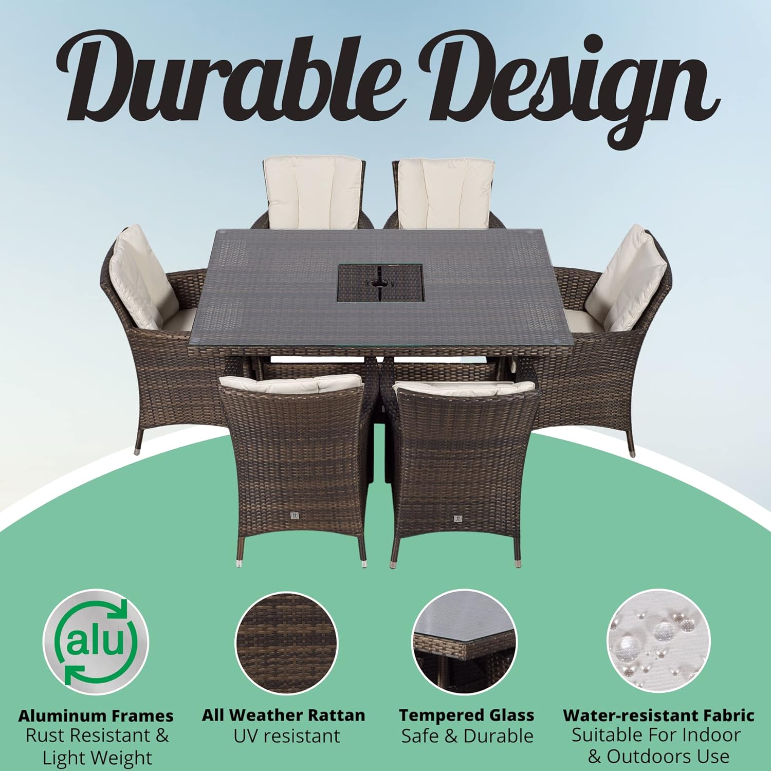 Savannah Rattan Dining Set | Rectangle 6 Seater Brown Rattan Table & Chairs Set with Ice Bucket Drinks Cooler | Outdoor Poly Rattan Garden Dining Furniture Set with Parasol & Cover