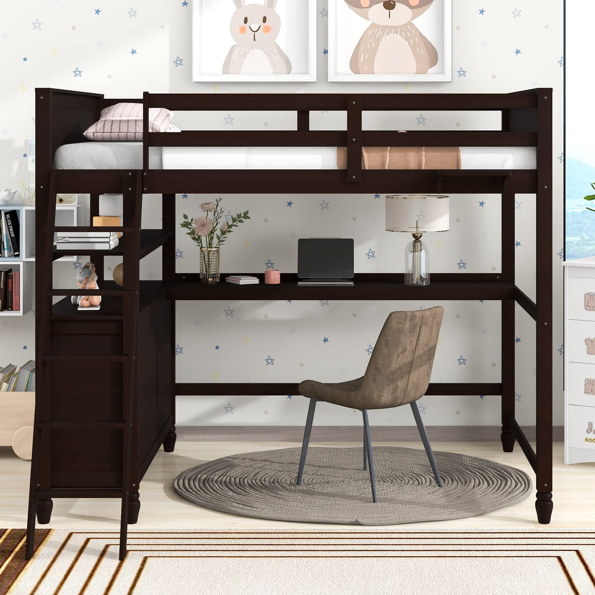 【Furniture】Full Size Loft Bed, Full Loft Bed with Desk, Wood Loft Bed Frame with Drawers & Shelves