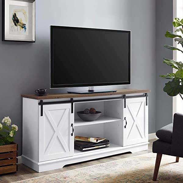 Walker Edison Richmond modern farmhouse sliding barn door TV stand for up to 52 inches, white and rustic oak white without fireplace 52 inches TV