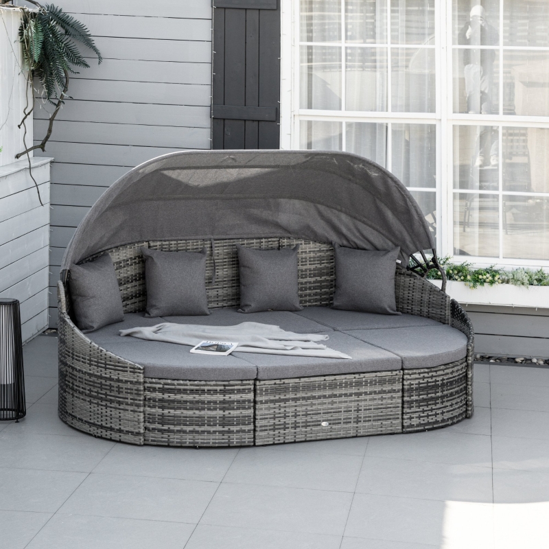 【Furniture】4 PC Patio Wicker Lounge Set, Outdoor Rattan Modular Garden Round Daybed Set