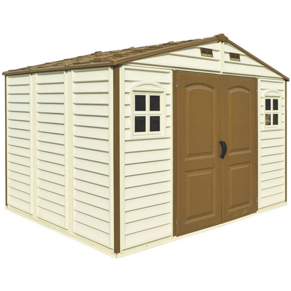 Duramax WoodSide 10 x 8 (8.02 m2) Plastic Garden Shed with 3 Fixed Windows & Metal Foundation Kit, Strong Metal Roof Structure Fire Retardant and Maintenance-Free Storage Shed