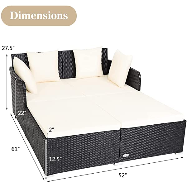 Salches Outdoor Rattan Daybed, Patio Loveseat Sofa Set w/Comfortable Cushions, Extra Pillows & Metal Foot, Sunbed Wicker Furniture for Yard/Poolside/Living Room/Garden/Porch (Red)