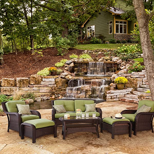 Hanover Strathmere 6-Piece Outdoor Patio Conversation Set, 2 Side Chairs with Ottomans, Loveseat and Tempered Glass Coffee Table, with Hand-Woven Wicker and Thick Cilantro Green Cushions, STRATHMERE6PC