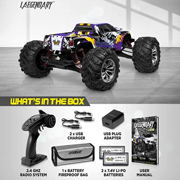 1:10 Scale Large RC Cars 50+ kmh Speed - Boys Remote Control Car 4x4 Off Road Monster Truck Electric - Hobby Grade Waterproof Toys Trucks for Kids and Adults - 2 Batteries + Connector for 40+ Min Play Black - Red 1:10 Scale 31 mph