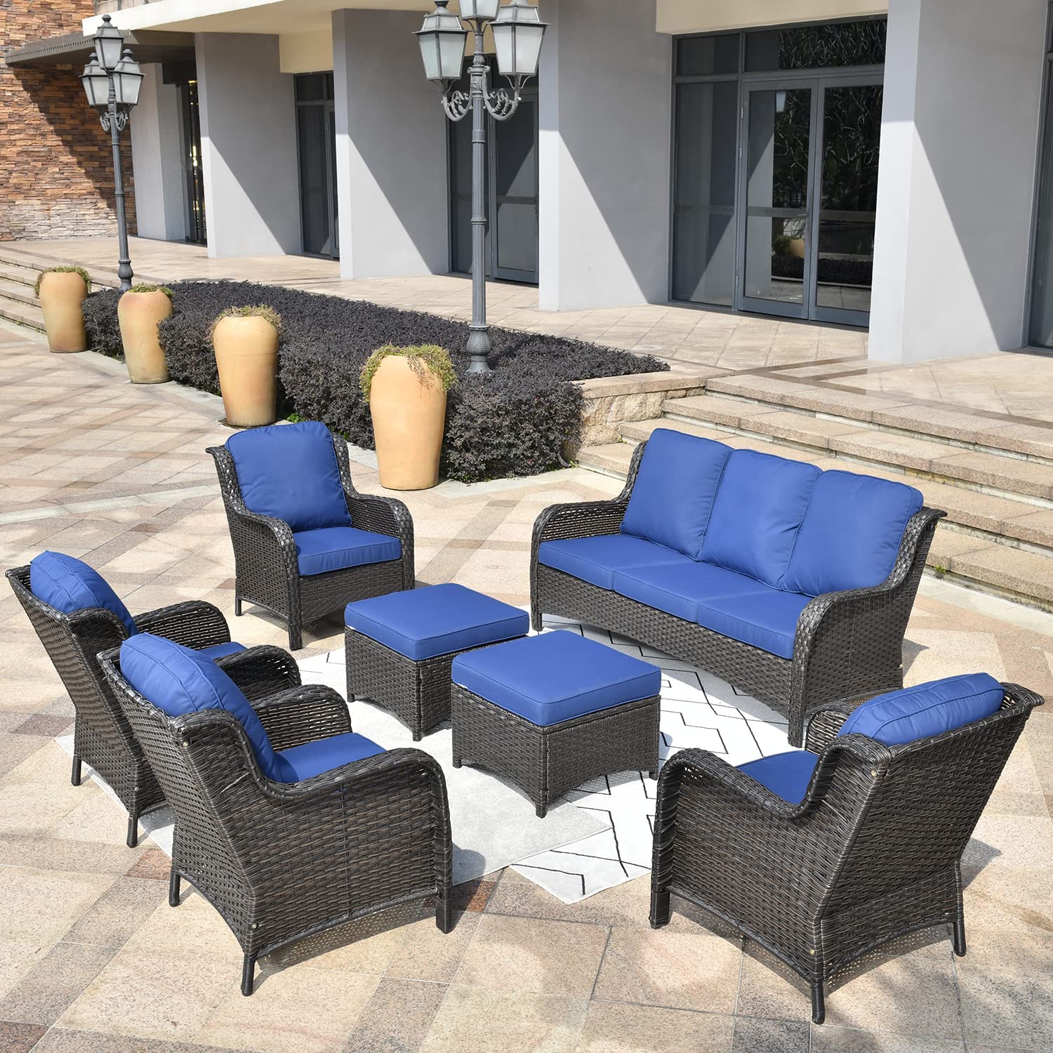 【Furniture】Outdoor Furniture Patio Furniture Set 7 Pcs All Weather Wicker Patio Conversation