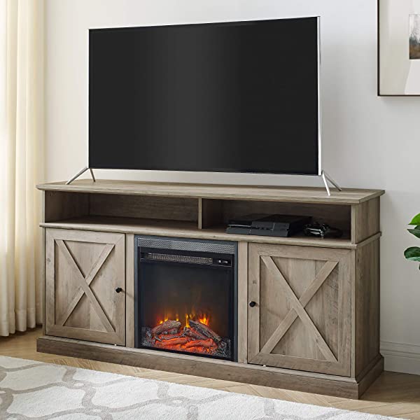 Walker Edison Richmond modern farmhouse sliding barn door TV stand for up to 52 inches, white and rustic oak white without fireplace 52 inches TV