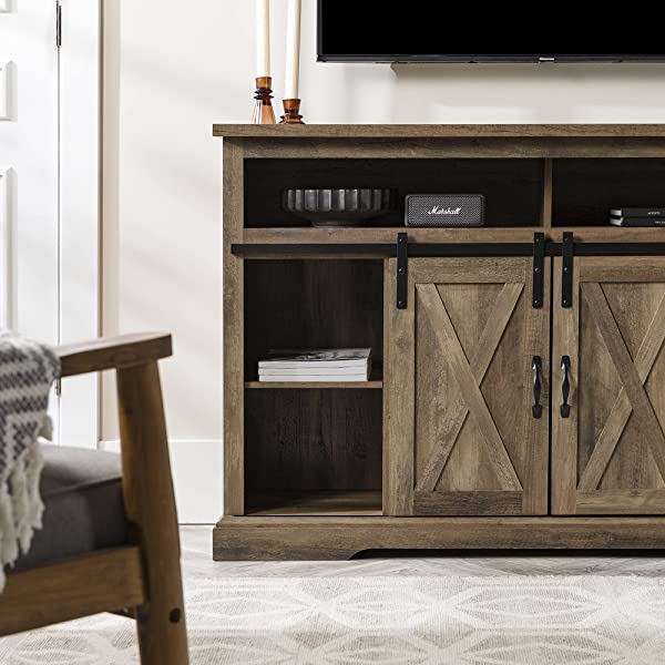 Walker Edison Richmond modern farmhouse sliding barn door TV stand for up to 52 inches, white and rustic oak white without fireplace 52 inches TV
