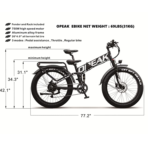 Opeak Ebike Foldable Electric Bike 750W High Speed Motor, 12AH Removable 48V Ebike Battery, 8 Speed, 26’’4.0 Fat Tire Electric Bike Folding Ebikes for Adults, E Bikes for Women and Men UNIK - white