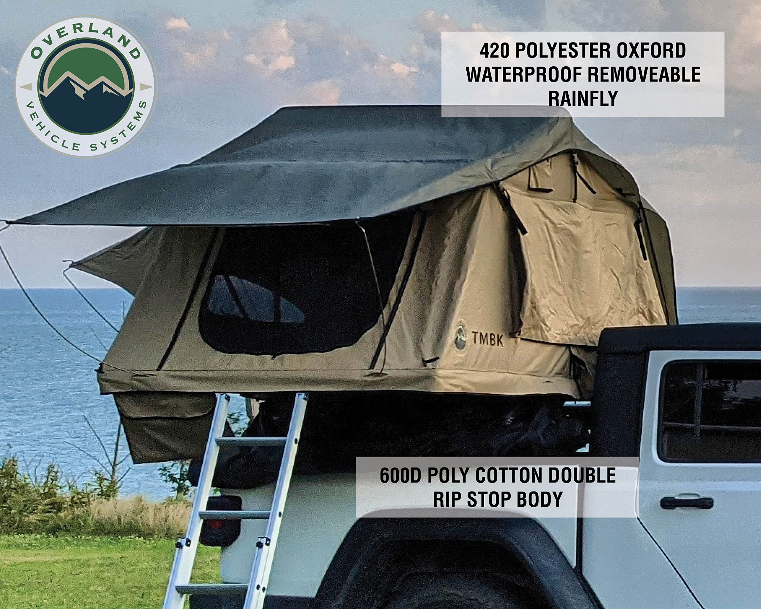 3 Person Roof Top Tent with Rain Fly Tan Base & Green Rainfly