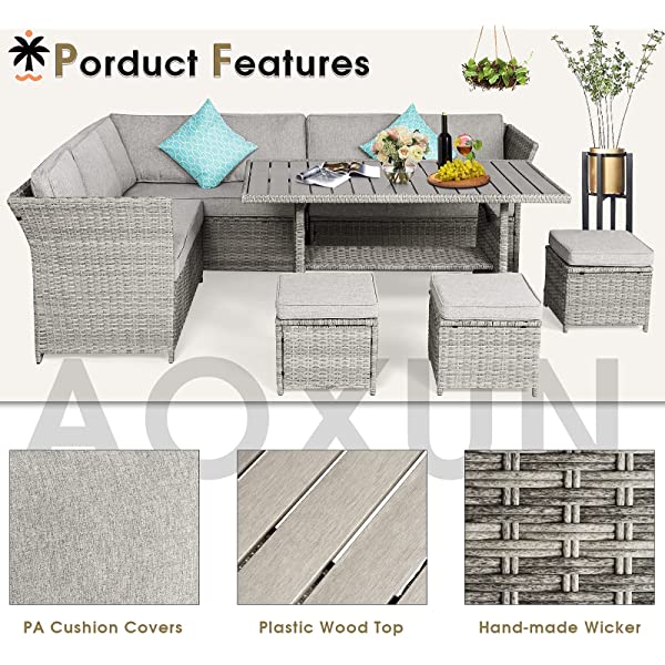 Aoxun 7 Pieces Outdoor Furniture Set, Sectional Sofa Conversation Set with Cushions and Pillows, All Weather Wicker Rattan Suitable for Deck or Yard(Brown) 7 Pieces - Brown