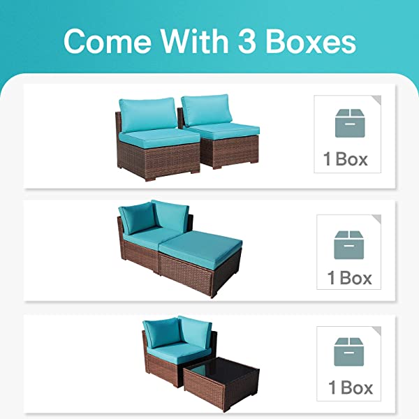 OC Orange-Casual 6-Piece Outdoor Patio Sectional Sofa Set Brown Wicker Furniture Set with Turquoise Seat Cushions & Tempered Glass Coffee Table