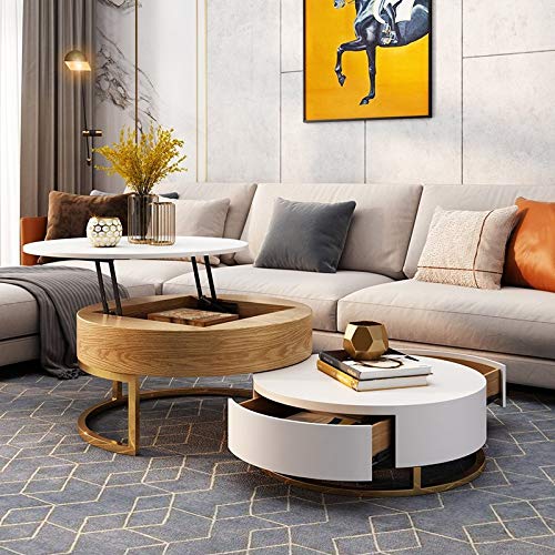 【Furniture】Round Coffee Table White with Storage Lift-Top Wood Coffee Table Lifts up with Rotatable Drawers