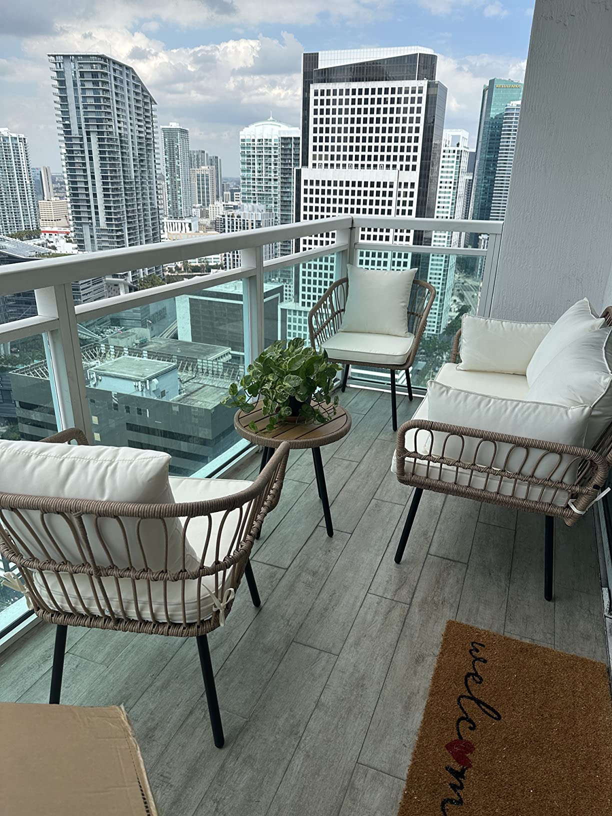 【Furniture】4 Pieces Patio Furniture Set, Wicker Balcony Bistro Set, Outdoor All-Weather Rattan Conversation Set