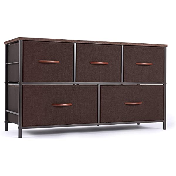 ROMOON Dresser Organizer with 5 Drawers, Fabric Storage Drawer Unit, Dresser Tower for Bedroom, Hallway, Entryway, Closets, Nursery - Wide Espresso