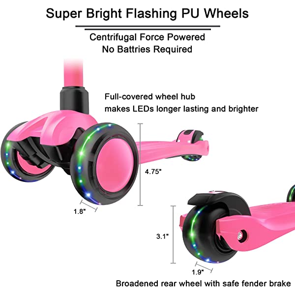 Allek Kick Scooter B03, Lean 'N Glide 3-Wheeled Push Scooter with Extra Wide PU Light-Up Wheels, Any Height Adjustable Handlebar and Strong Thick Deck for Children from 3-12yrs (Rose Pink)