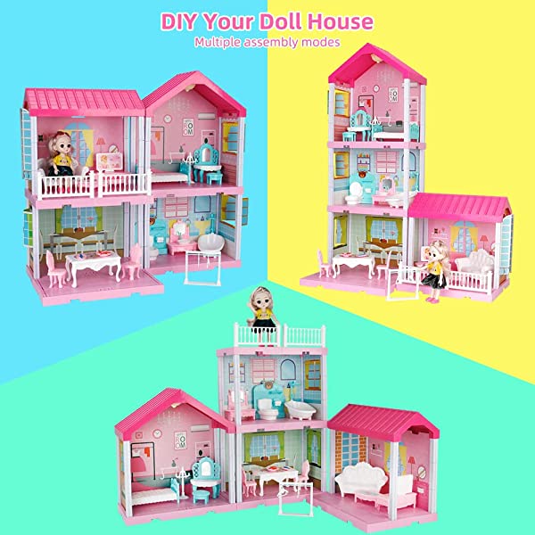Doll House Kit,Dollhouse with Lights, Slide, Pets and Dolls, DIY Pretend Play Building Playset Toys with Asseccories and Furniture, Princess House for Toddlers, Kids Boy & Girl (11 Rooms)