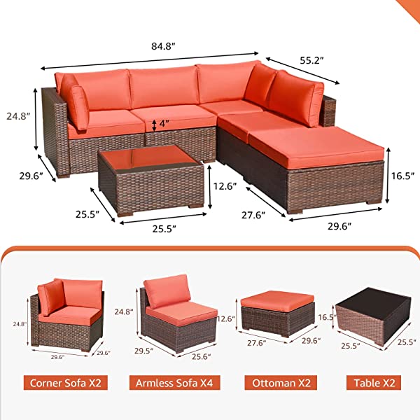 OC Orange-Casual 6-Piece Outdoor Patio Sectional Sofa Set Brown Wicker Furniture Set with Turquoise Seat Cushions & Tempered Glass Coffee Table