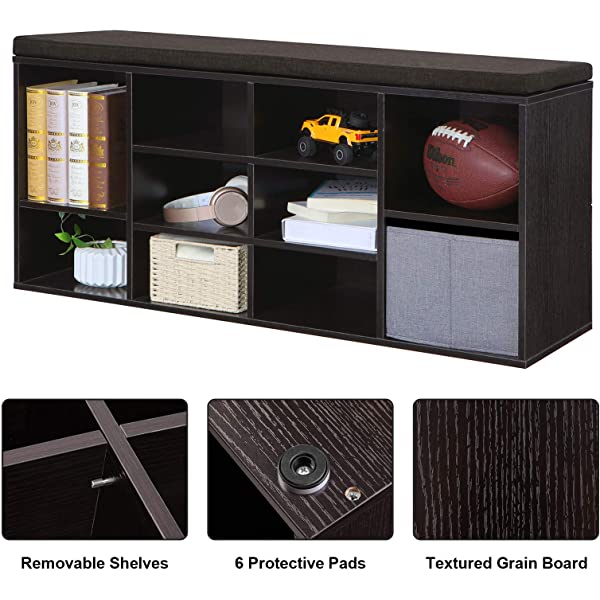 VASAGLE Cubbie Shoe Cabinet Storage Bench with Cushion, Adjustable Shelves, Holds up to 440lb, Rustic Brown ULHS10BX