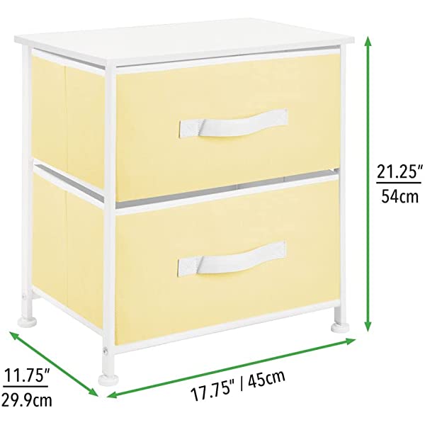 mDesign Storage Dresser End/Side Table Night Stand Furniture Unit - Small Standing Organizer for Bedroom, Office, Living Room, and Closet - 2 Drawer Removable Fabric Bins - Gray/White Grey