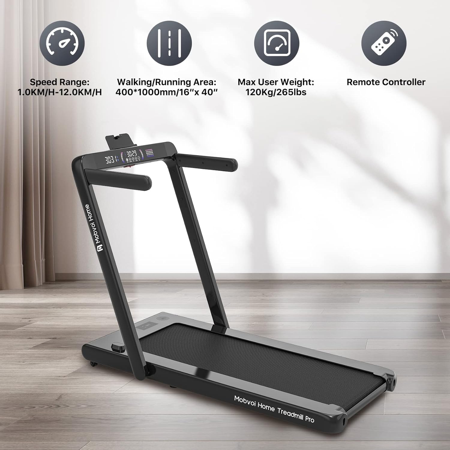 Mobvoi Home Treadmill Pro, Foldable Treadmill for Home, Compatible with Smartwatches, Virtual Training Trails, Running and Walking Workout Modes, Bluetooth Speaker, Remote Control, Fitness Exercise
