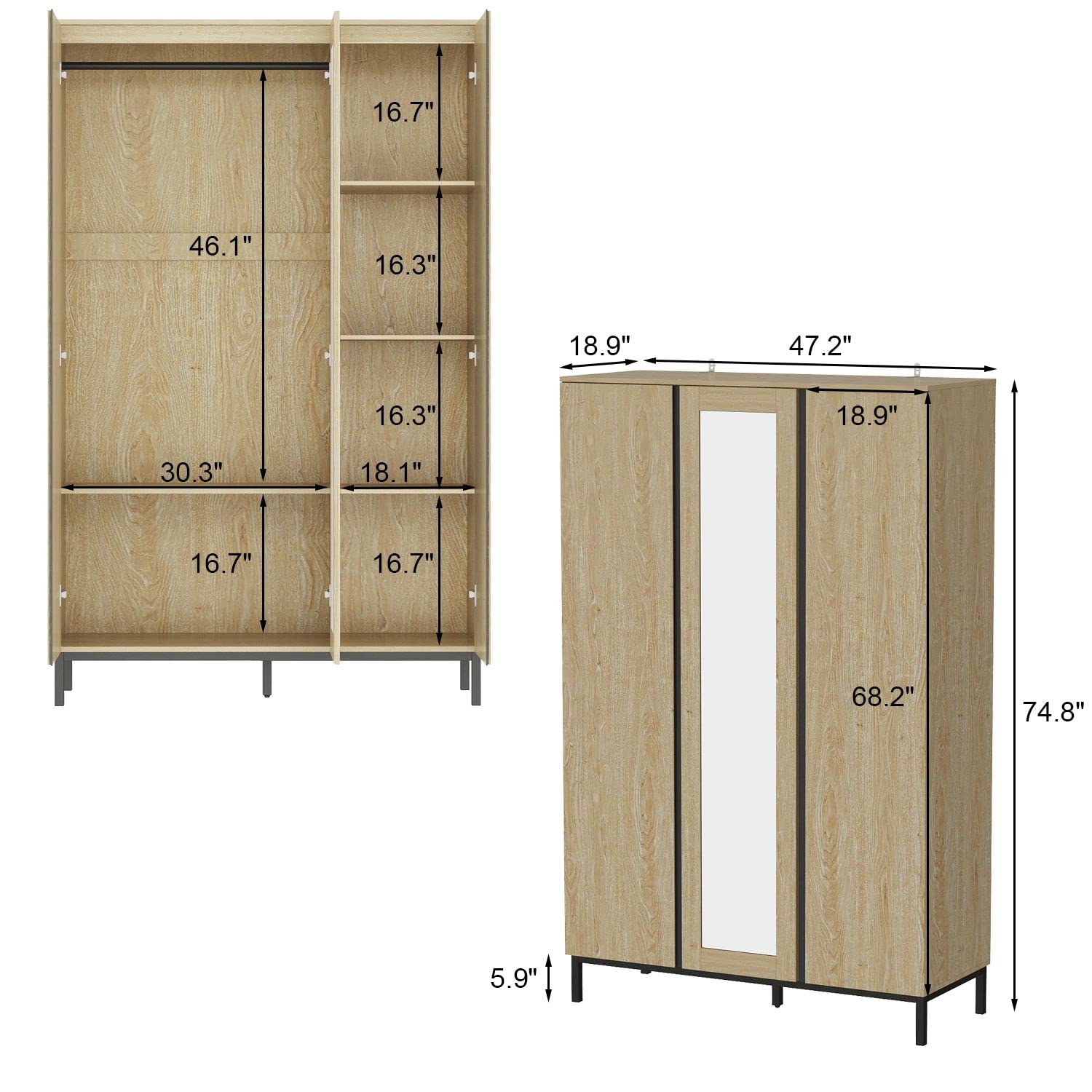 【Furniture】Armoires and Wardrobes with Mirror & 3 Doors, Armoire Wardrobe Closet with Storage Shelves