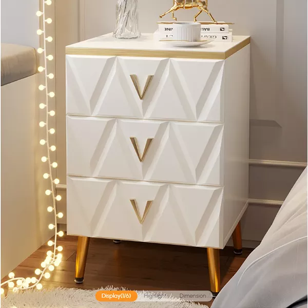 NORDIC WHITE NIGHTSTAND 3-DRAWER BEDSIDE TABLE V-SHAPED FACET & GOLD PULLS IN LARGE