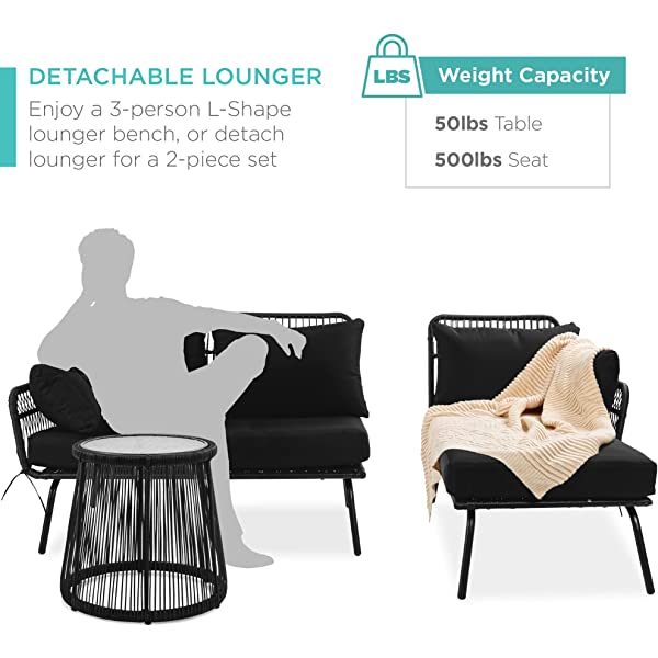 Best Choice Products Outdoor Rope Woven Sectional Patio Furniture L-Shaped Conversation Sofa Set for Backyard, Porch w/Thick Cushions, Detachable Lounger, Side Table - White